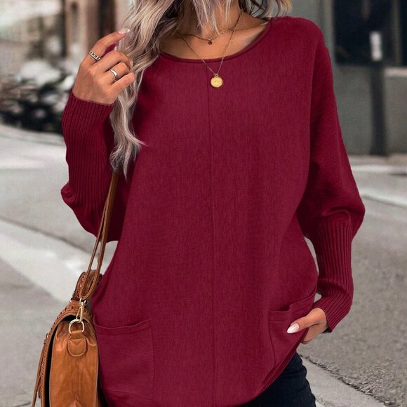 Burgundy Casual Women's Batwing Sleeve Double Pocket Sweater - Picture 6 of 6